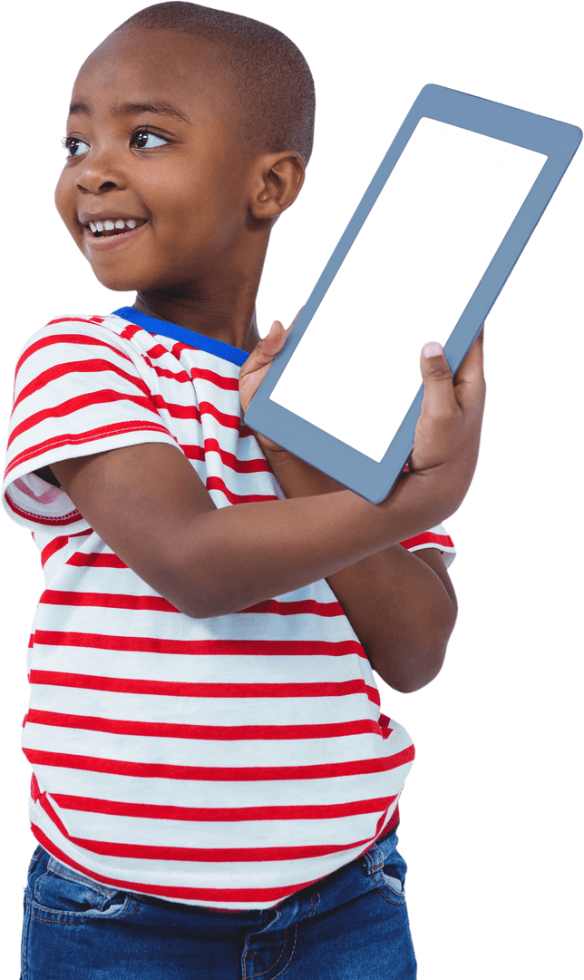 Excited Child Holding Tablet with Transparent Background