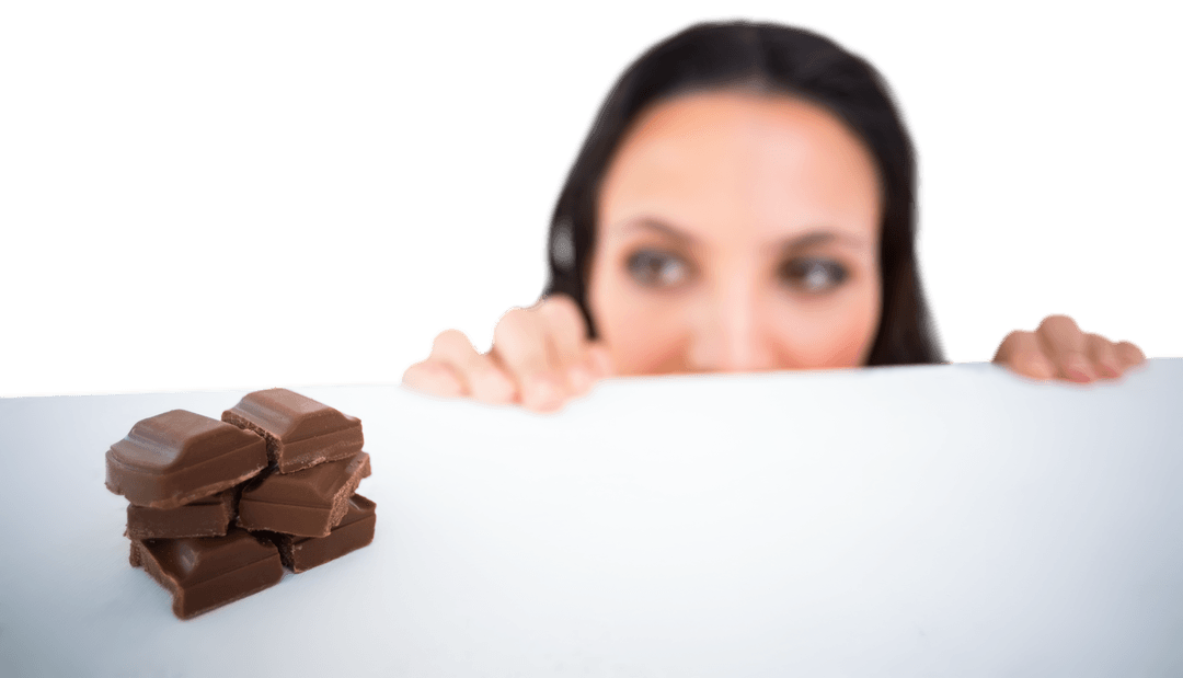 Transparent Background Woman Peeking at Stack of Delicious Chocolate