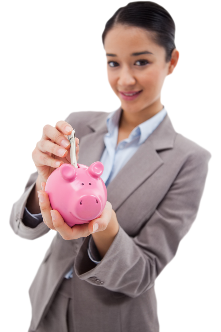 Businesswoman Putting Banknote in Piggy Bank on Transparent Background - Download Free Stock Images Pikwizard.com