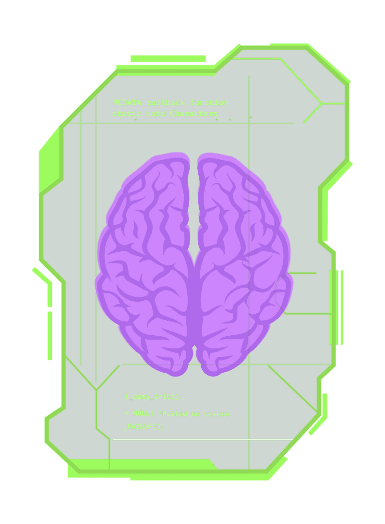 Futuristic Cyberpunk Brain with Neon Green Codes on Transparent Background