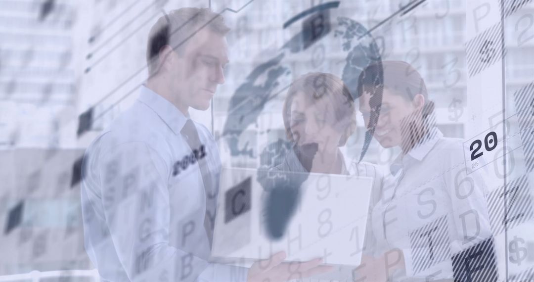 Business Team Analyzing Global Data with Digital Overlays