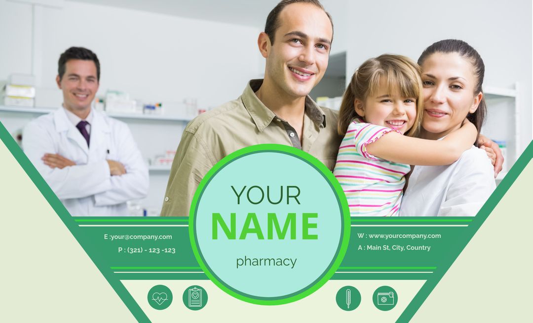 Happy Family Pharmacy Advertisement Template with Family and Pharmacist - Download Free Stock Templates Pikwizard.com