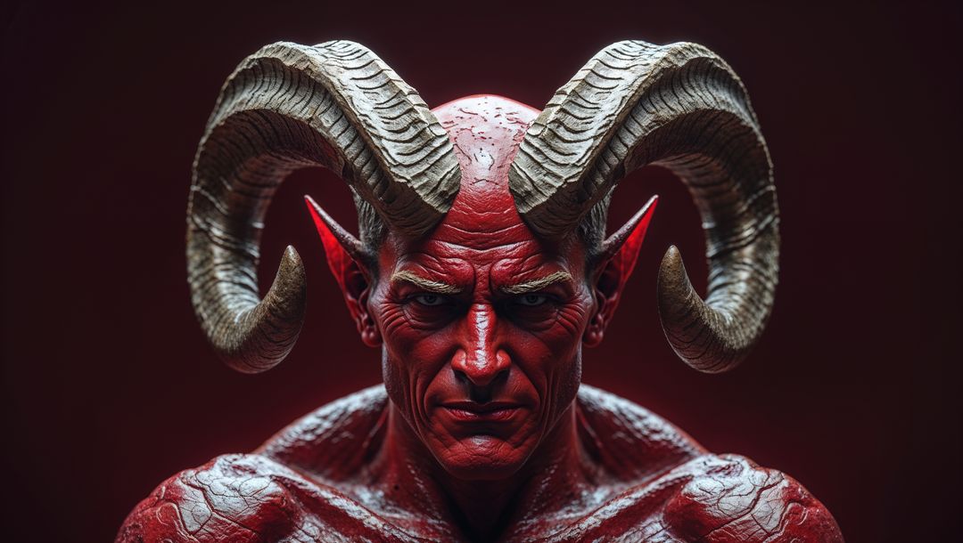 Red-skinned satan with curved horns and veined torso