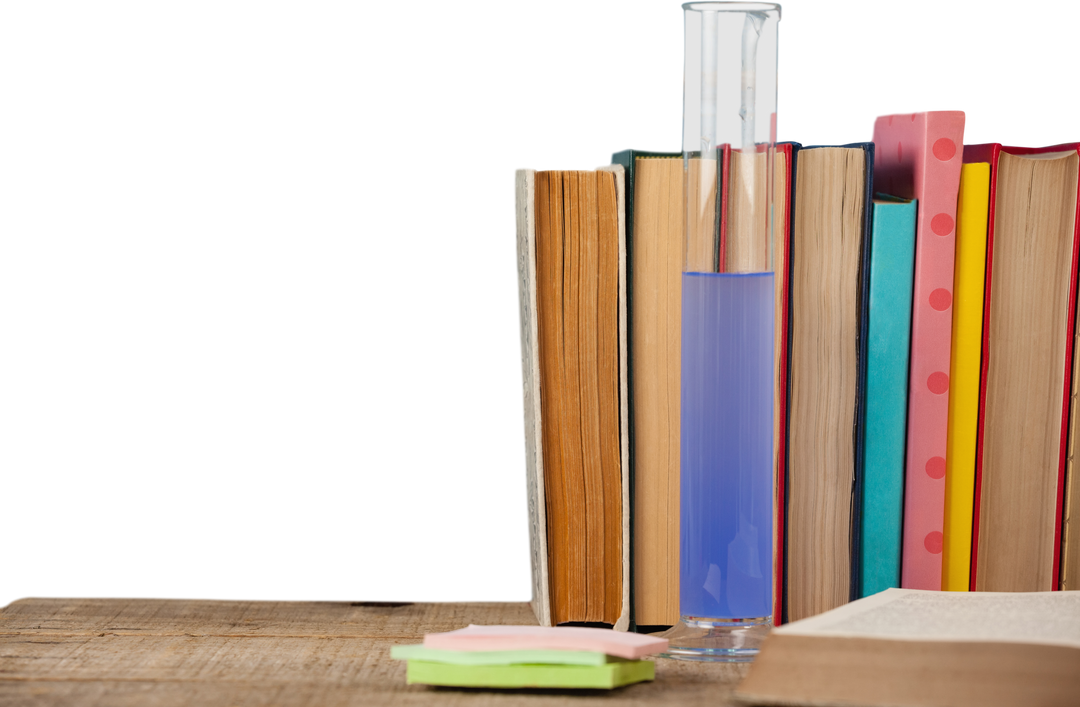 Transparent background of books and test tube on wooden table - Download Free Stock Images Pikwizard.com