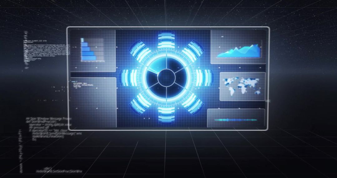 Futuristic Data Interface with Digital Charts and Global Map