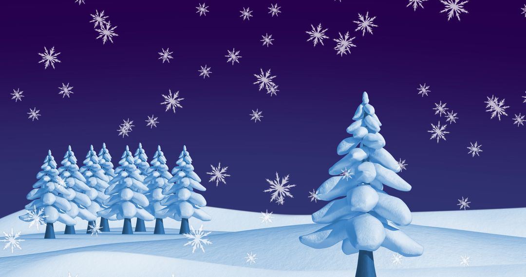 Snow-Covered Trees in Calm Winter Landscape with Snowflakes