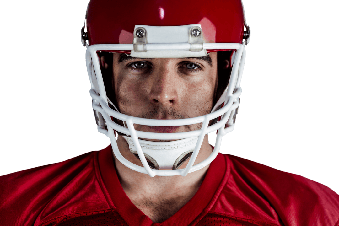 Transparent American Football Player Wearing Red Helmet and Jersey Facing Camera