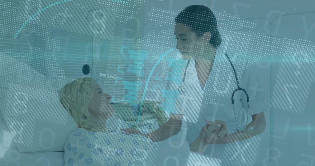 Caring Nurse with Patient in Hospital and Digital Data Overlay