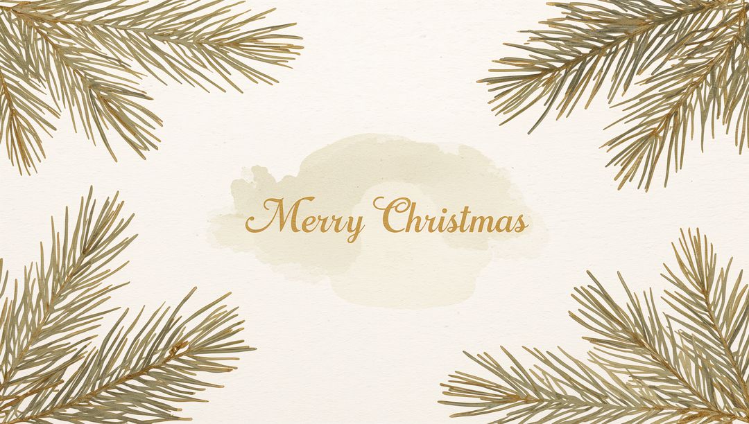 Merry Christmas gold script on cream watercolor wash with pine sprigs minimalist card