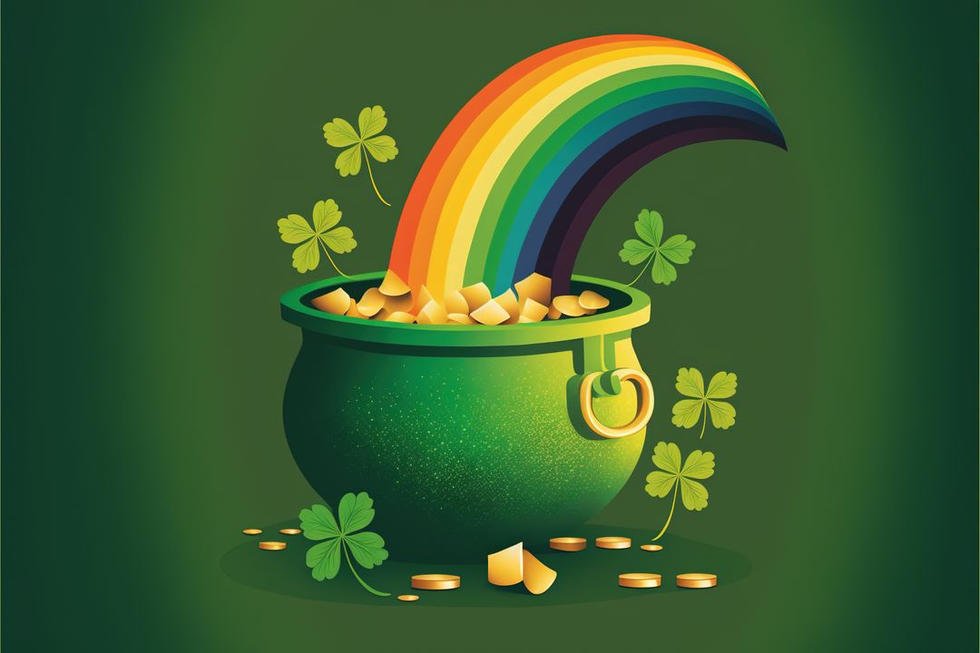 Green jar of gold and rainbow of leprechaun on green, created using generative ai technology - Free Images, Stock Photos and Pictures on Pikwizard.com