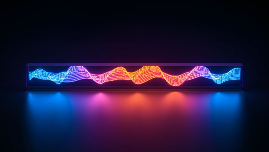 Neon Wave Light Bar Emitting Multicolor Spectrum and Reflecting on Glossy Dark Floor