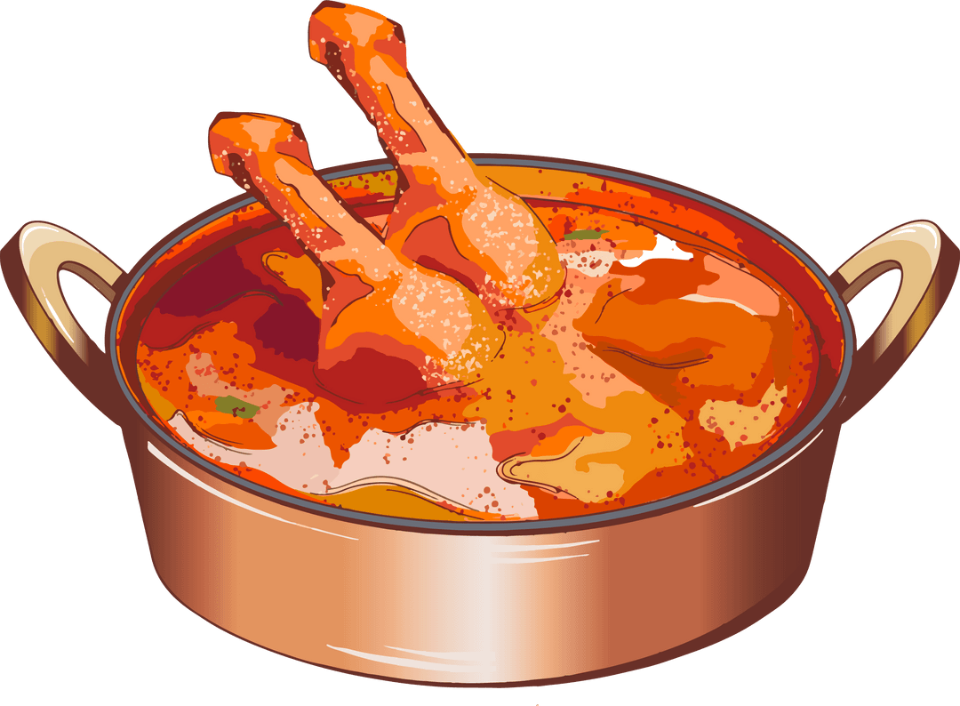 Rustic Copper Pot with Steaming Red Stew on Transparent Background