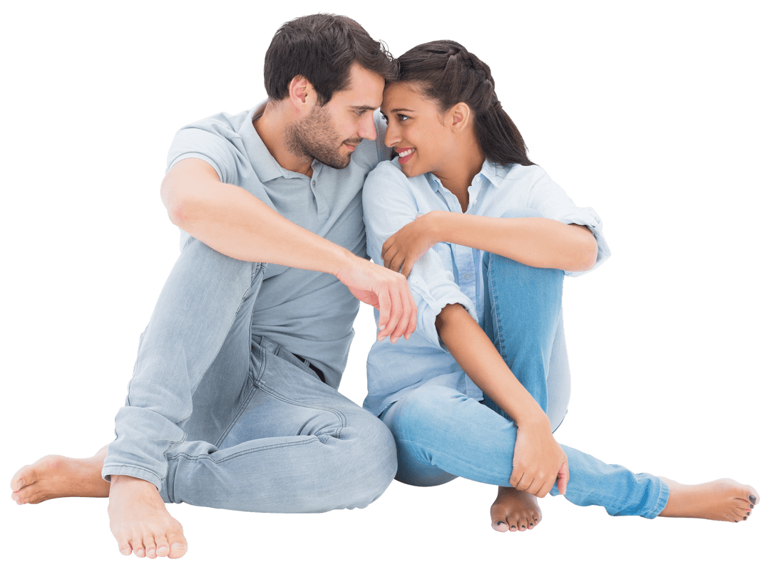 Loving Couple Sitting Close on Transparent Background