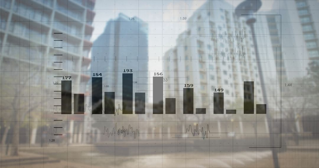 Finance Data Visualization Overlay on Cityscape with Skyscrapers