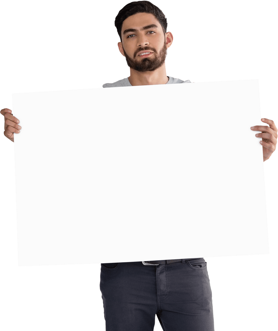Young Man Holding Clean Transparent Blank White Poster
