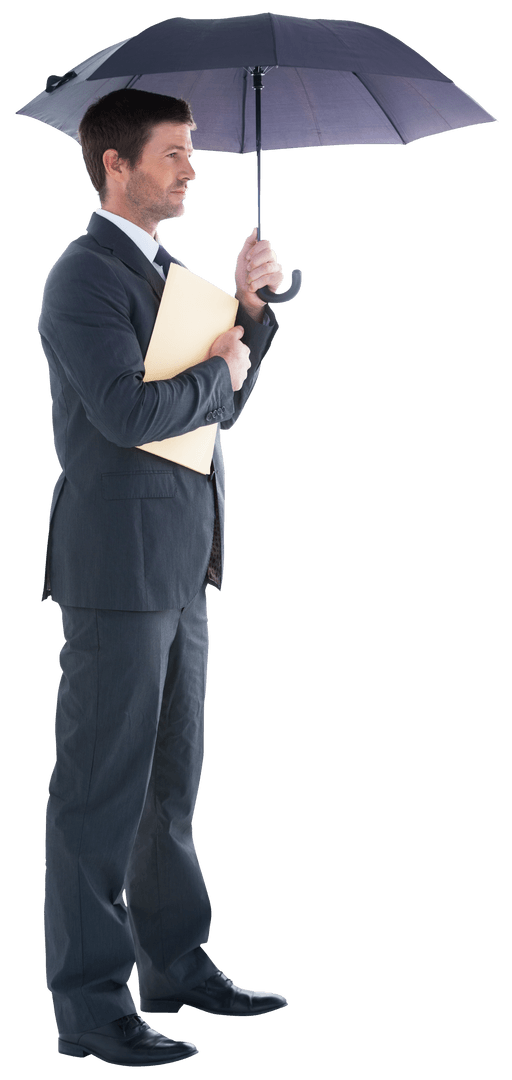 Transparent Businessman Holding Files Under Umbrella