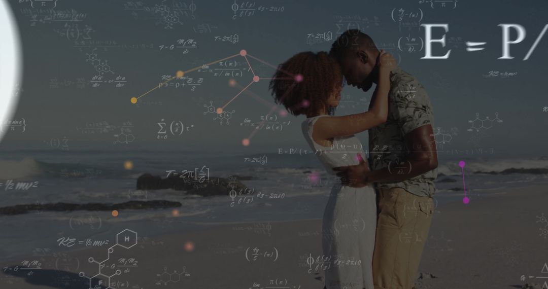 Romantic Couple Embracing on Beach with Math and Molecular Overlays