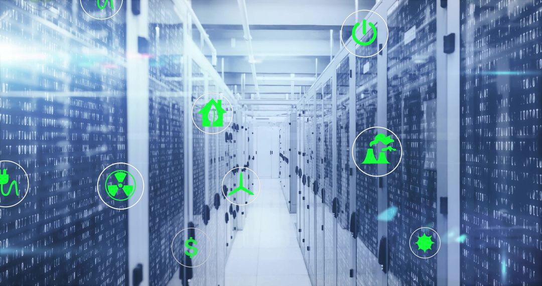 Eco-Friendly Energy Icons Floating Above Modern Data Servers