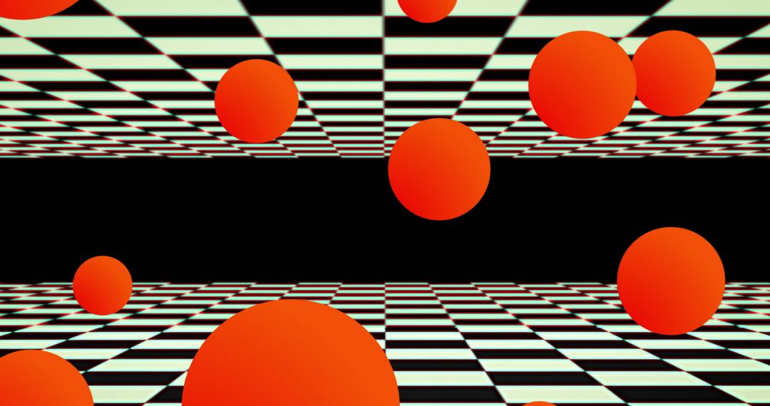 Floating Red Spheres Over Retro Checkerboard Background