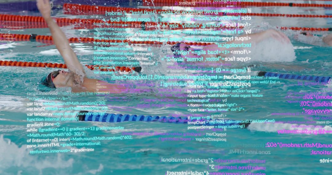 Competitive backstroke swimmer racing in pool with floating lane ropes and digital code overlay