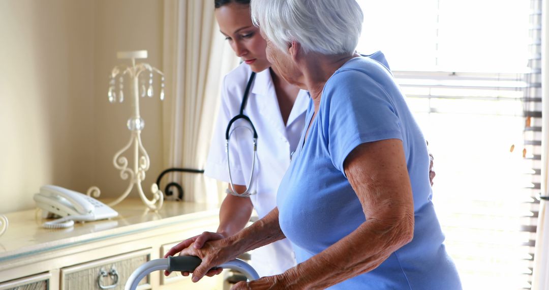 Nurse Assisting Elderly Woman with Walker at Home - Free Images, Stock Photos and Pictures on Pikwizard.com