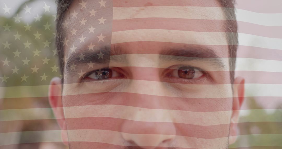 Smiling Man with American Flag Overlay During Summer