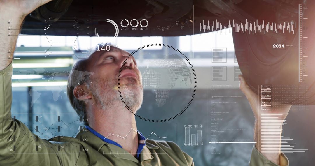 Mechanic Inspecting Vehicle Undercarriage Using Augmented Reality Diagnostics and HUD