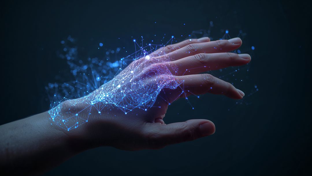 Right Hand Projecting Blue Holographic AI Network of Digital Nodes and Particles