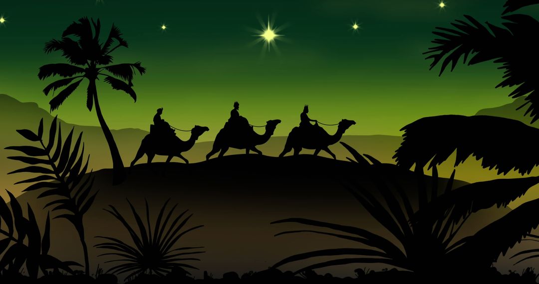 Silhouette of Three Wise Men Traveling on Camels at Night