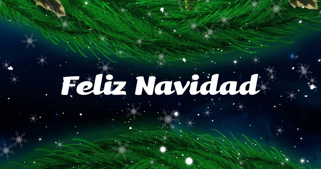Feliz Navidad Text with Christmas Tree Branches and Snowflakes
