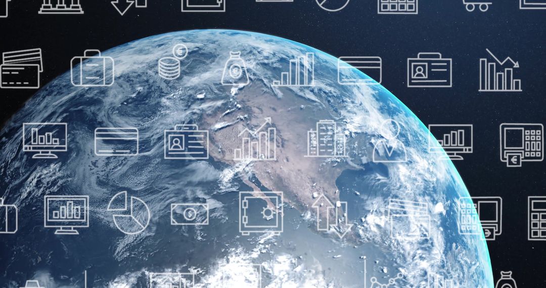 Business Data Icons Superimposed on Earth in Space