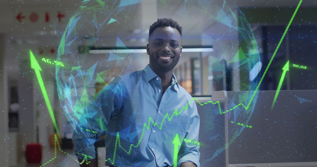 Smiling Businessman with Digital Financial Analytics Displays