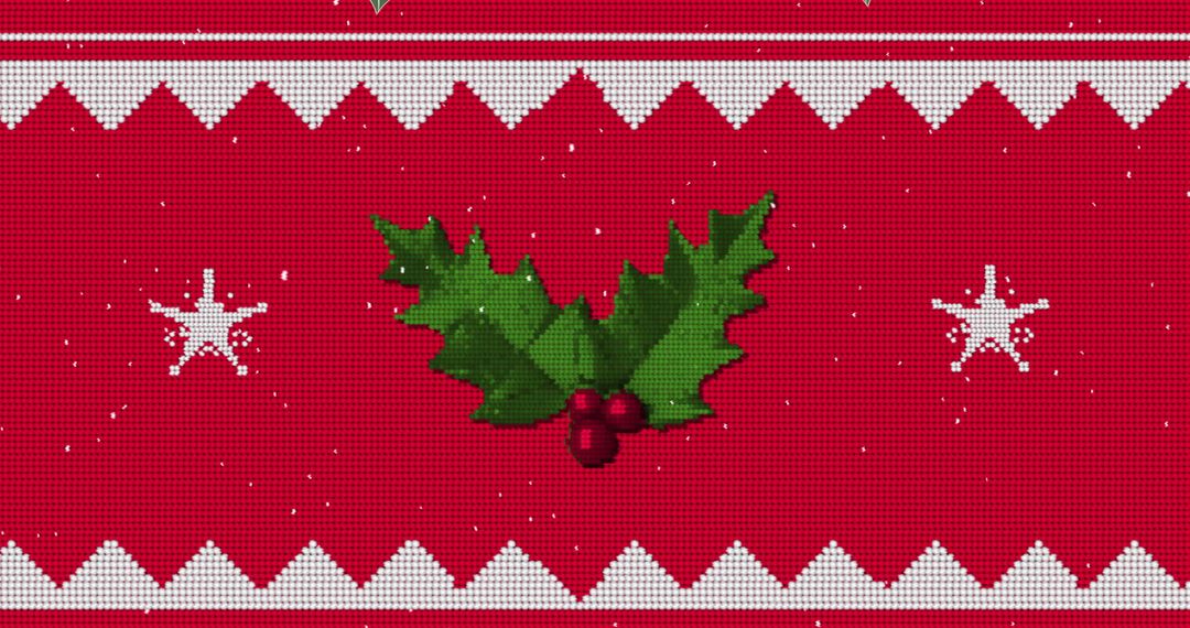 Festive Holly and Snowflakes on Red Knit Background