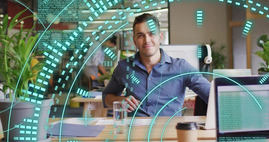 Young Professional Using Laptop with Futuristic Digital Interface Overlay in Modern Office