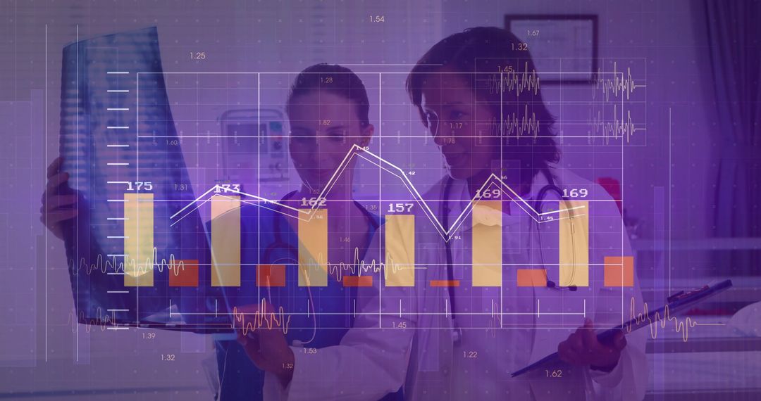 Female Doctors Analyzing Radiograph with Financial Chart Overlay