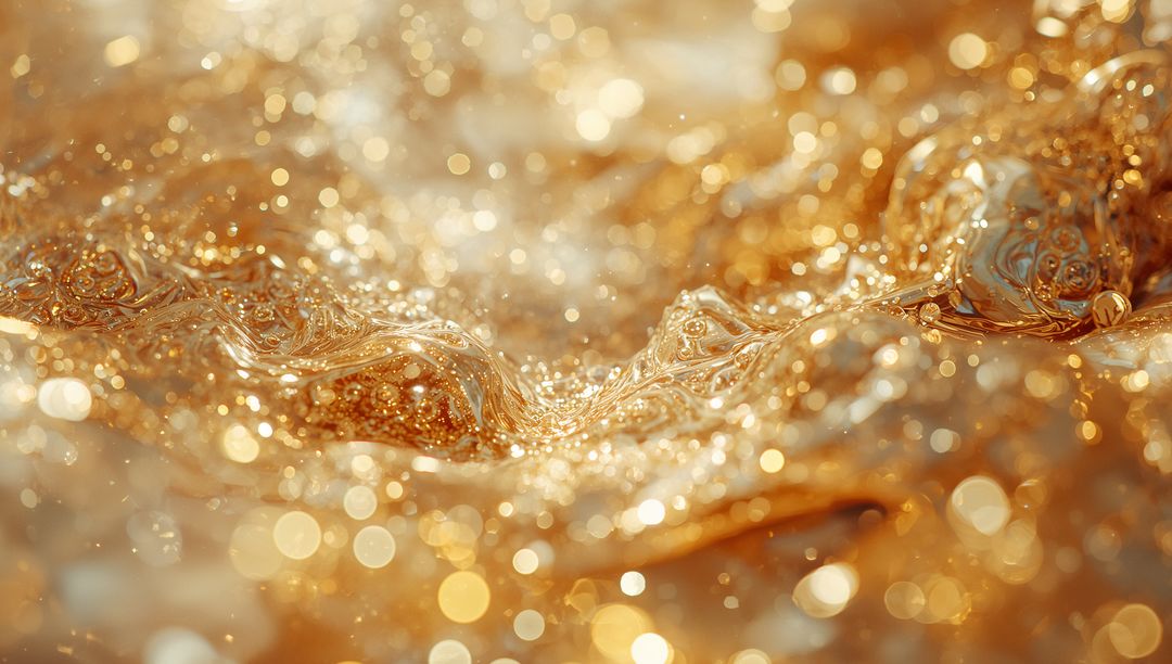 Glowing Golden Liquid with Bubbles and Light Reflections