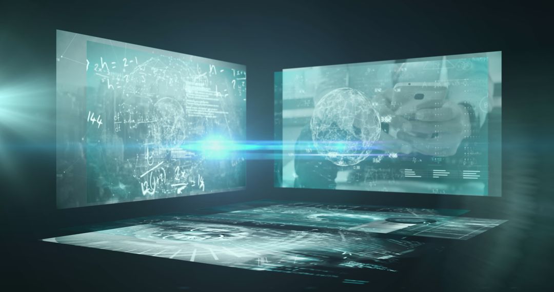 Futuristic Digital Screens and Data over Green Background