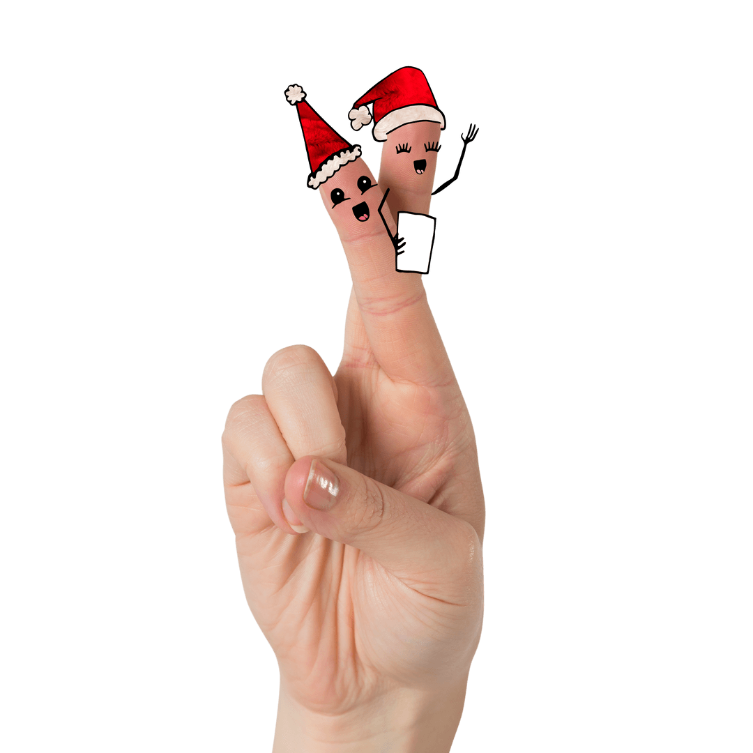 Christmas Decorated Fingers with Santa Hats Transparent Background