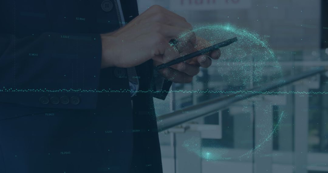 Businessman Utilizing Smartphone for Financial Data Analysis with Digital Effects