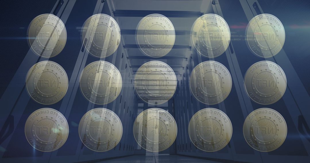 NFT Coins Overlaying Data Servers in Digital Finance Conceptual Image