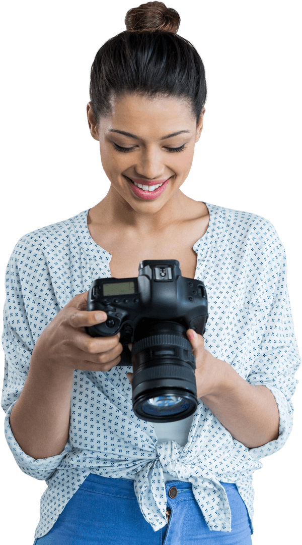 Smiling Woman with Digital Camera on Transparent Background