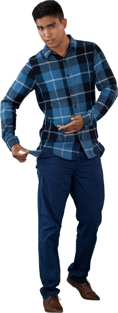 Young Man Displaying Empty Pocket in Transparent Background