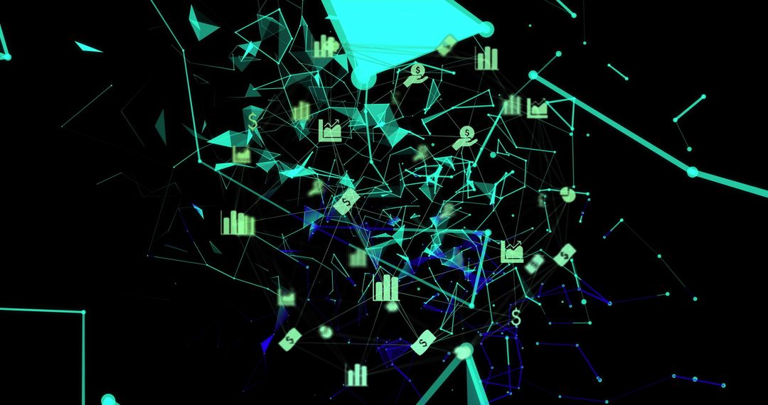Futuristic Network of Digital Data Icons on Black Background