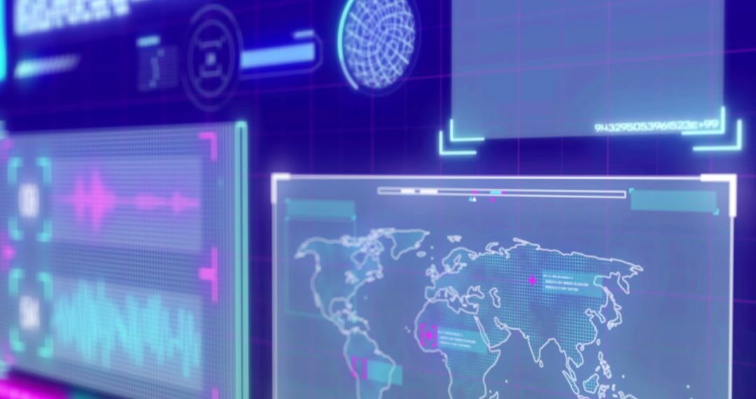 Futuristic Digital Interface Featuring Data and World Map