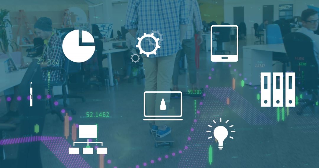 Office Worker Using Electric Skateboard with Digital Overlay