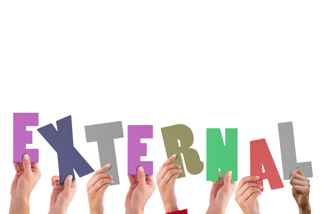 Transparent Multicolored External Letters Held by Diverse Hands