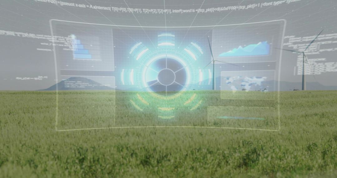Holographic Energy Dashboard Hovering Over Wind Farm Field With Futuristic HUD Interface