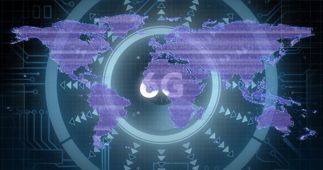 Futuristic Purple World Map with 5G Network Interface