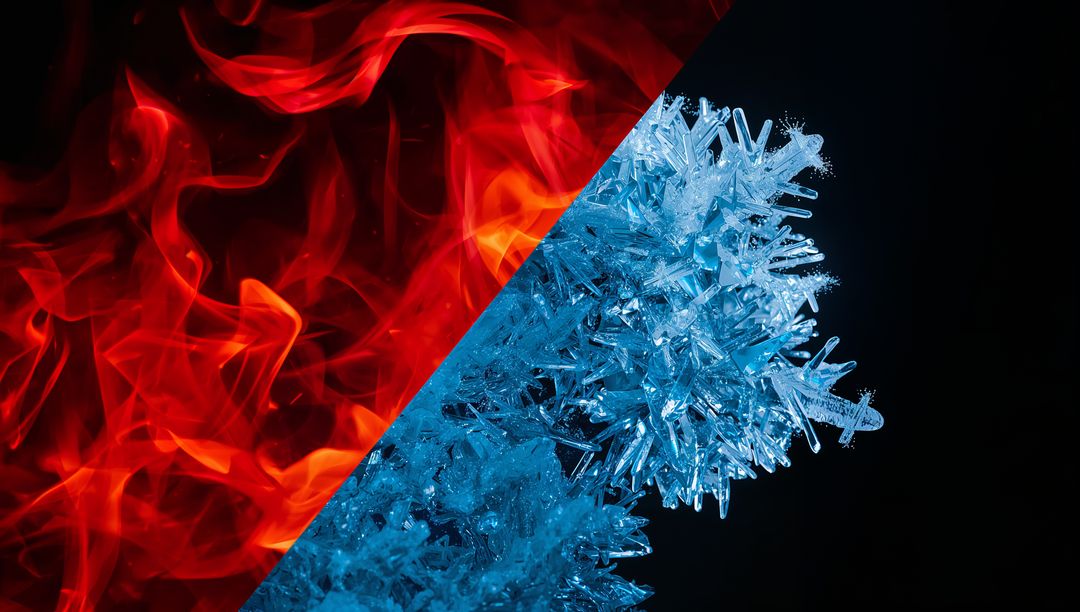 Diagonal Split Between Fiery Red Flames and Blue Ice Crystals for Contrast