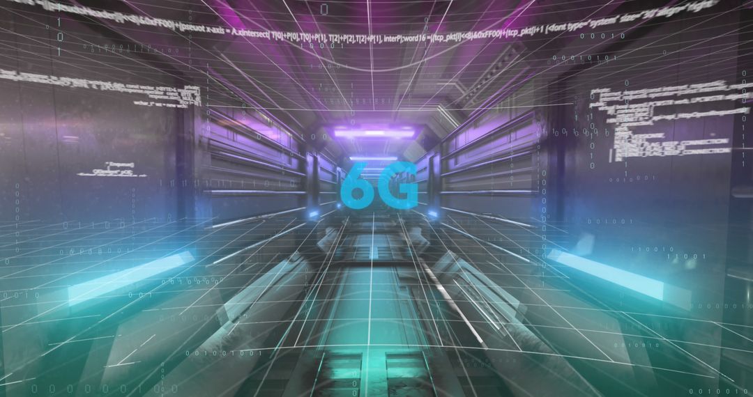 Futuristic 6G Data Tunnel with Neon Lights and Digital Code